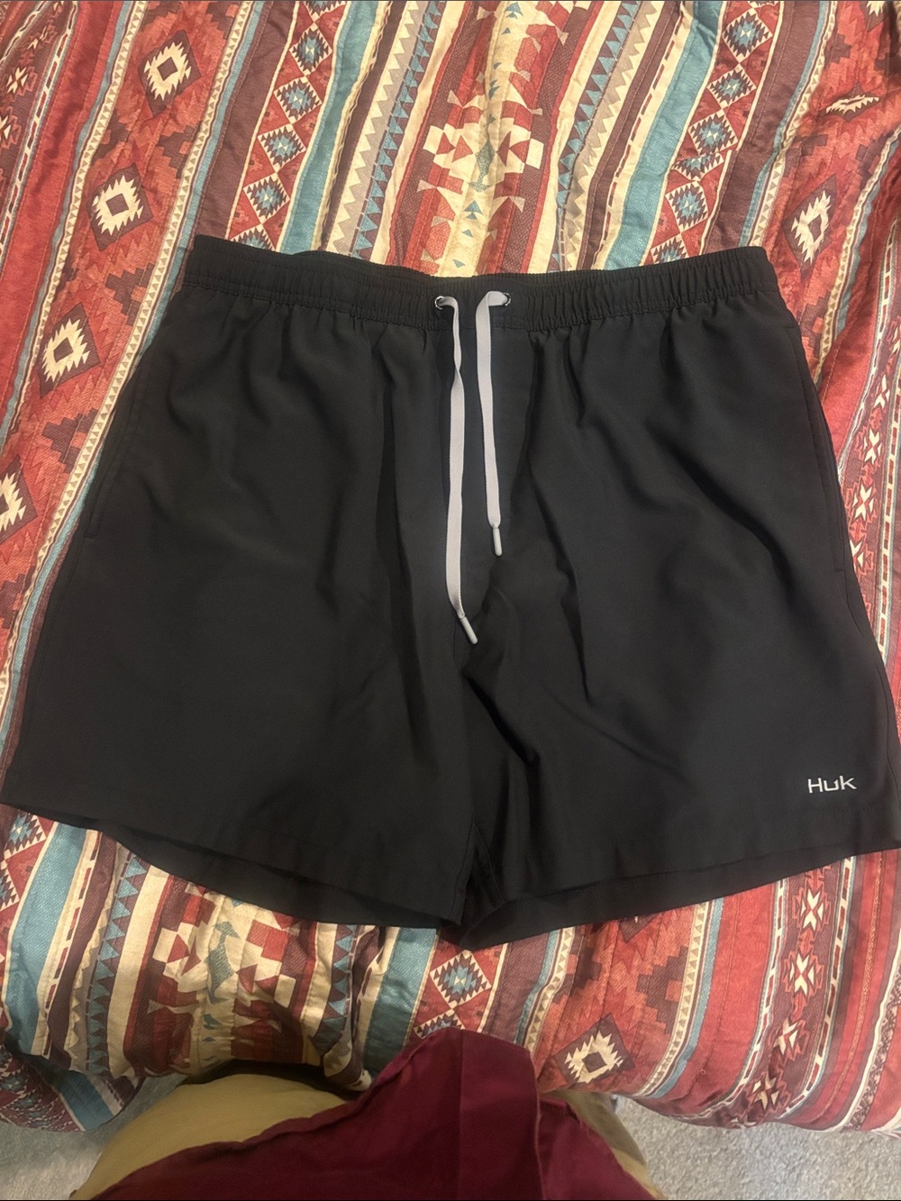 Huk Black Quick-Dry Swim Shorts with Contrast Drawstring